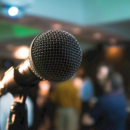 A close-up microphone on a stand in focus, with a blurred crowd and stage lights in the background.