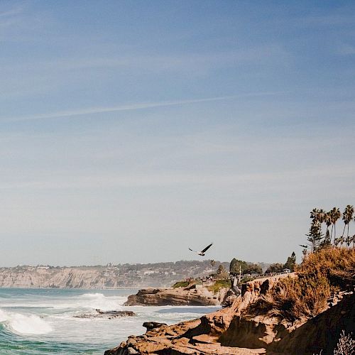 A rocky coastline with waves crashing on the shore, blue sky above, and a bird soaring over the cliffside, ending with a period.