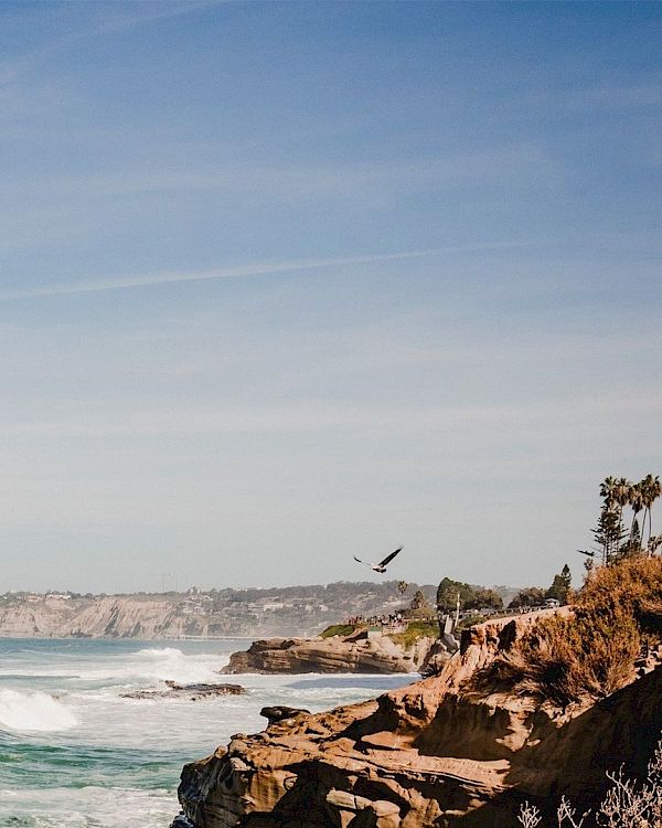 A rocky coastline with waves crashing on the shore, blue sky above, and a bird soaring over the cliffside, ending with a period.